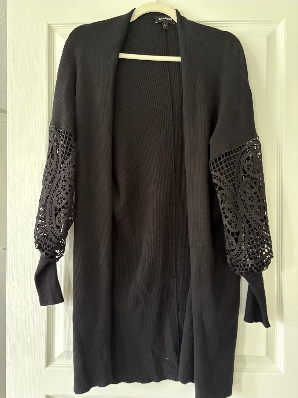 Express Black Open-Front Cardigan with Crochet Lace Sleeves